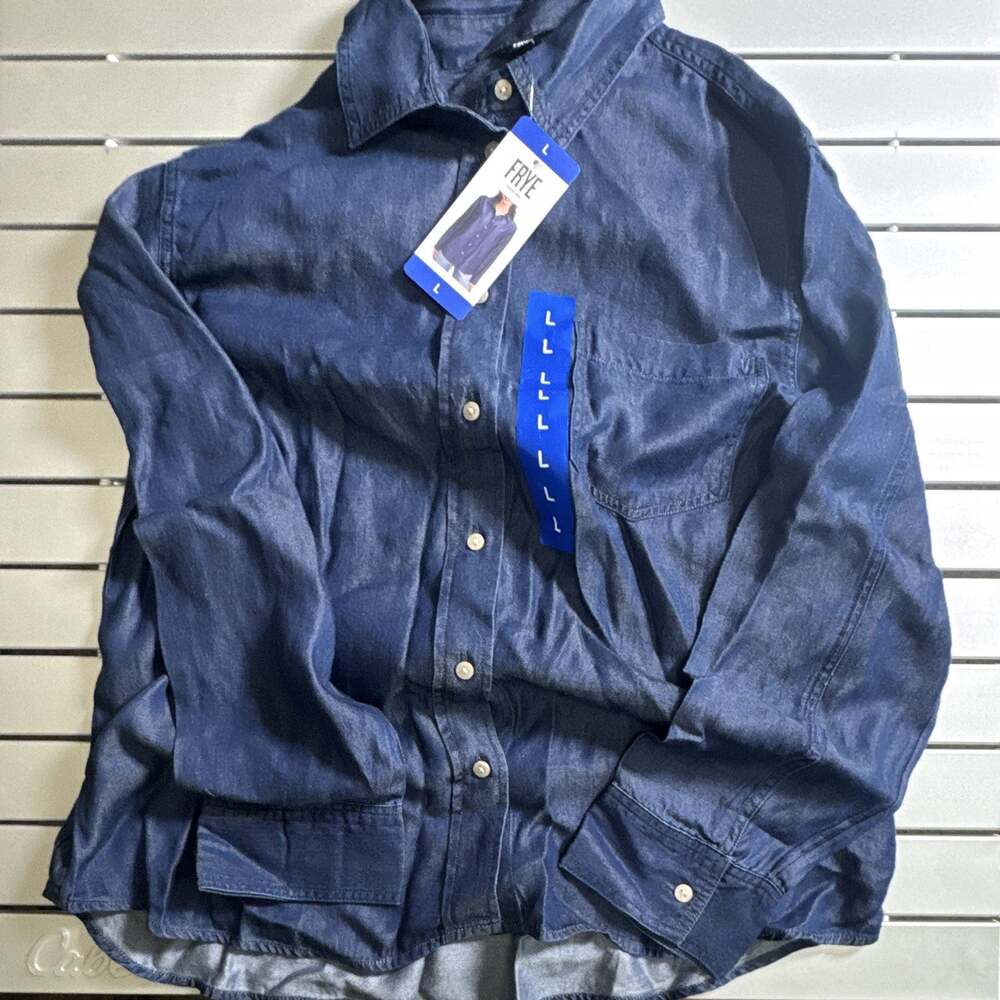 Frye Women’s L Regular Blue Solid Denim Lyocell Long Sleeve Button-Up Pockets